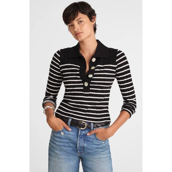 Madewell Sweaters - Madewell | NWT Ribbed Polo Sweater Black‎ Ivory Stripe | Sz S